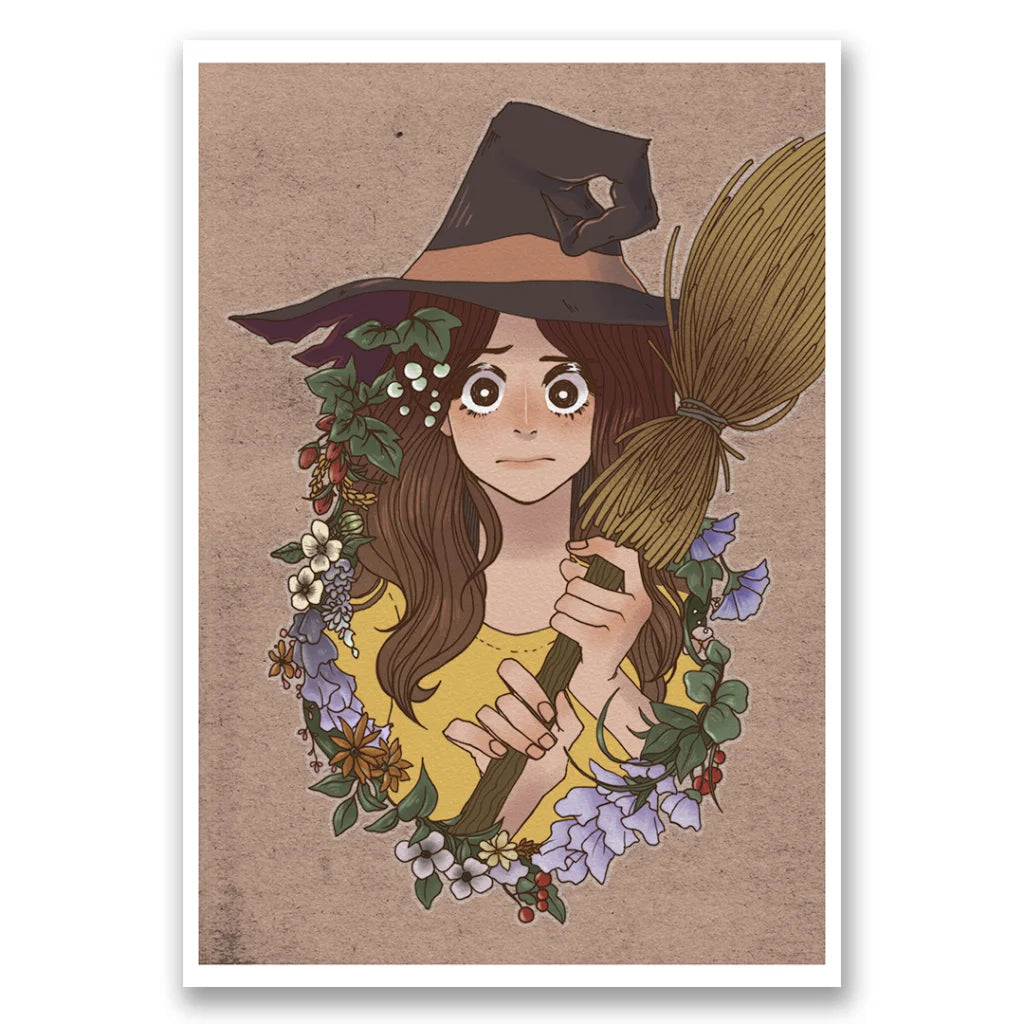 Wide-eyed witch with pointed hat, berries, flowers, holding broom, Emily Hampshire limited edition