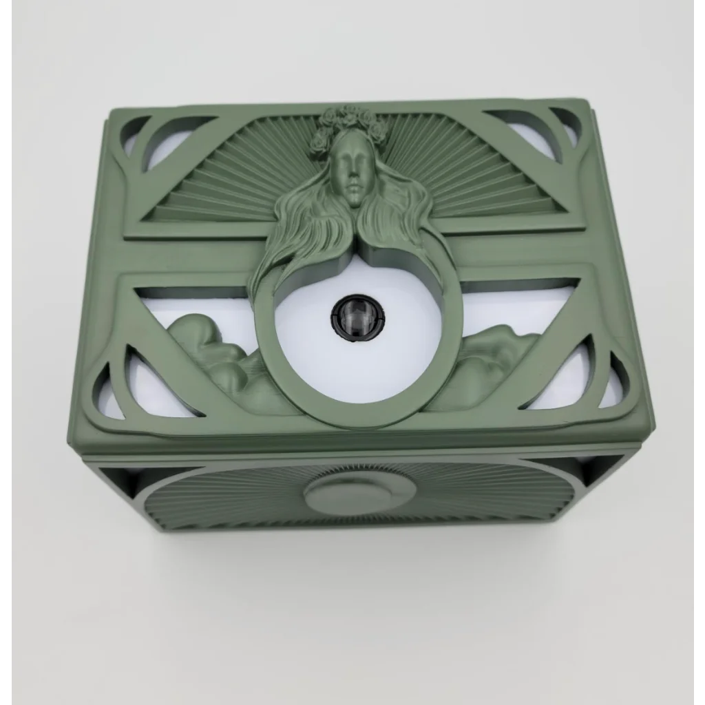 Decorative sage green Art Nouveau box with female bust and black knob from Enchanted Mermaid Treasure Boxes