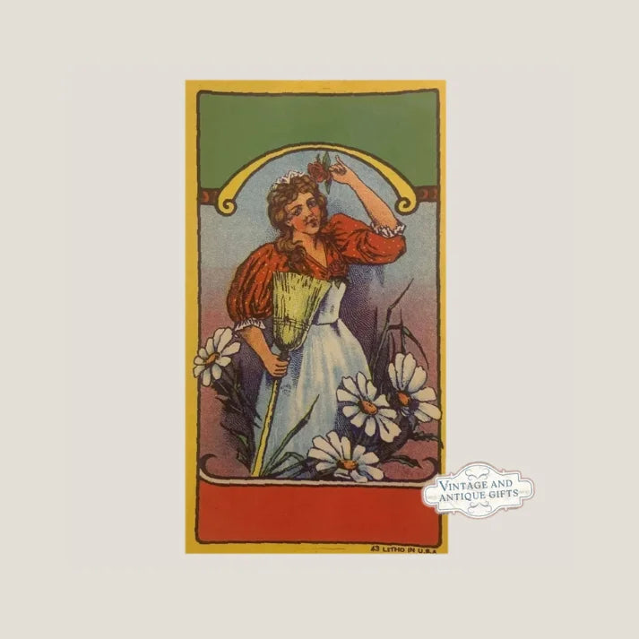 Vintage art print of a lady in white dress and red jacket surrounded by daisies