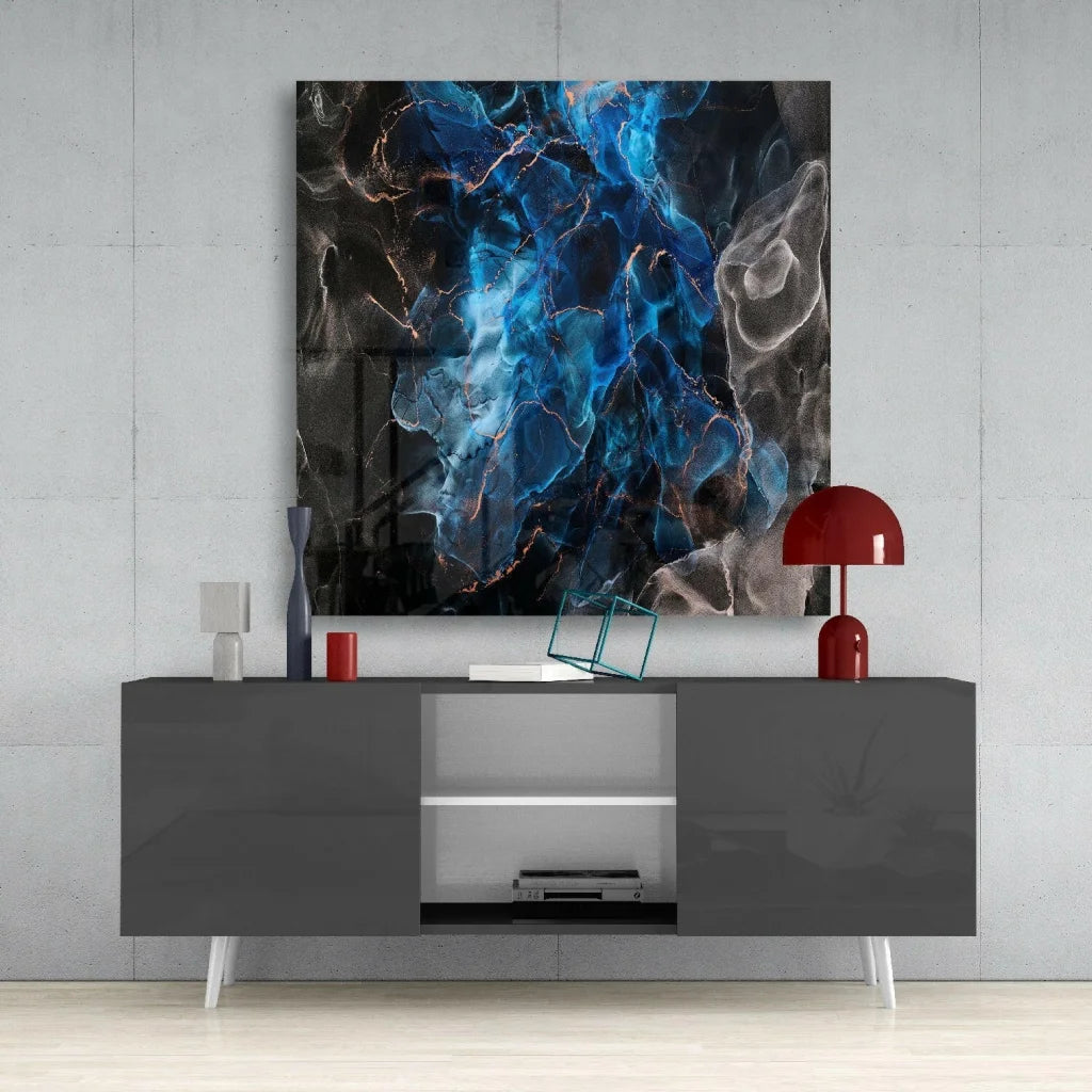 Stunning blue glass wall art with gold veins on gray console