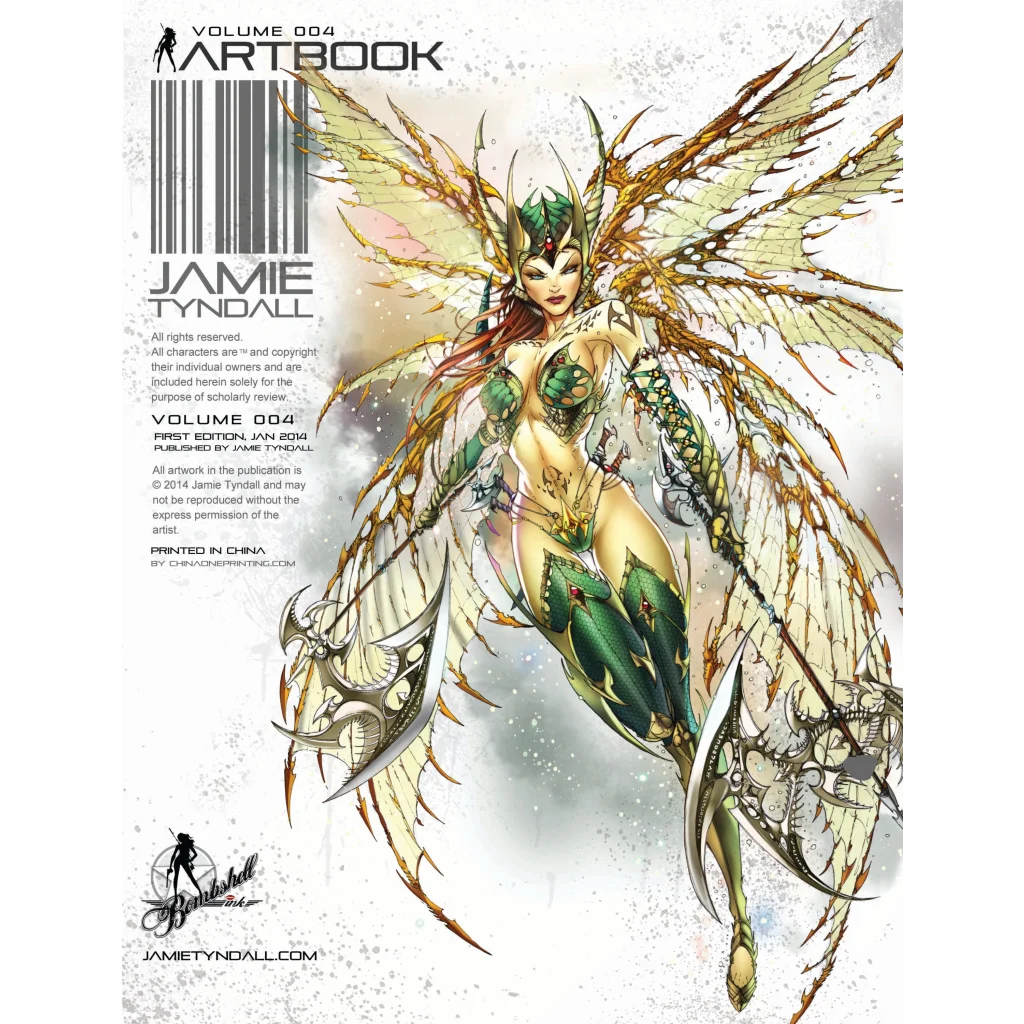 Fantasy winged female warrior in green gold armor from Jamie Tyndalls Artbook Volume 004 cover