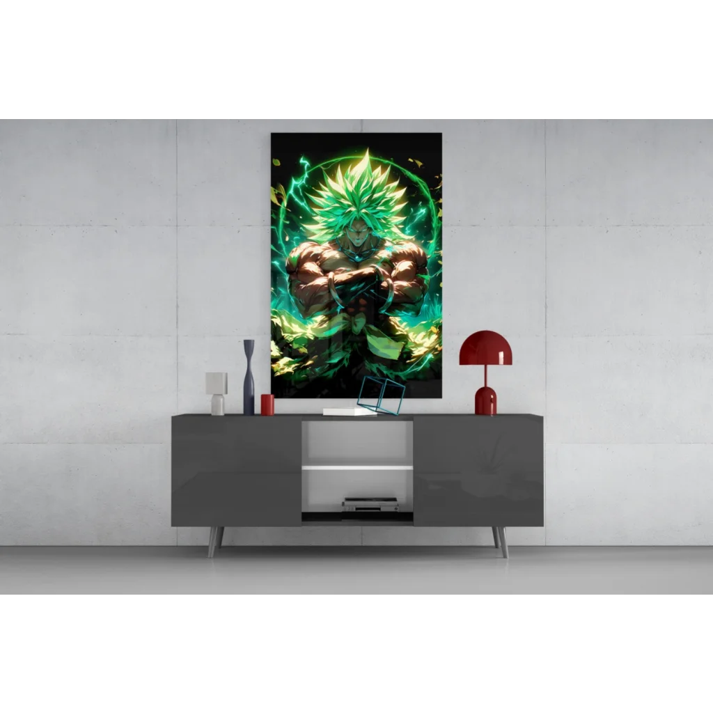 Vibrant green and gold anime glass wall art of muscular spiky-haired warrior with glowing energy aura