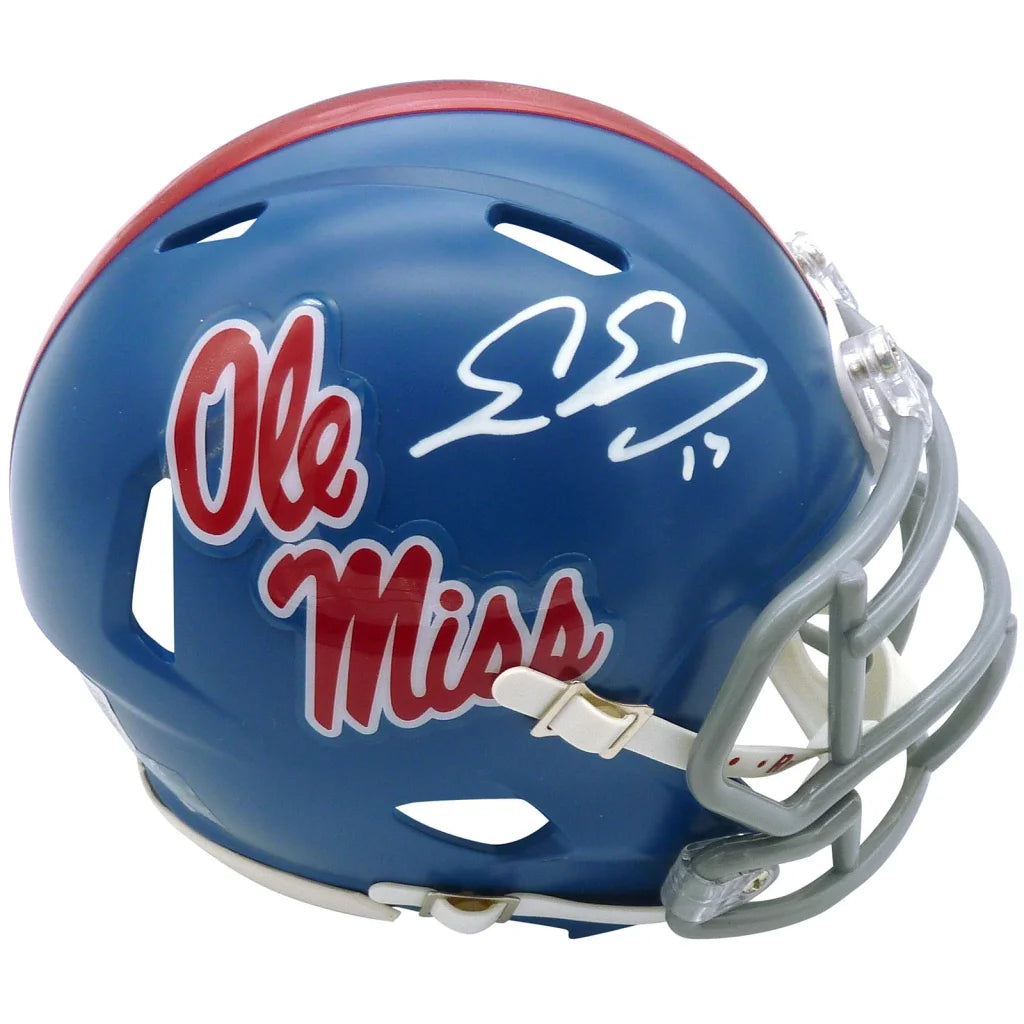 Evan Engram autographed Ole Miss Rebels mini helmet with blue and red design and silver facemask