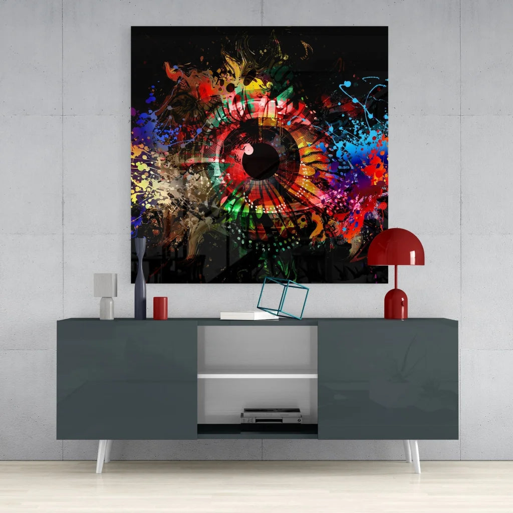 Vibrant explosive eye tempered glass art with colorful splashes