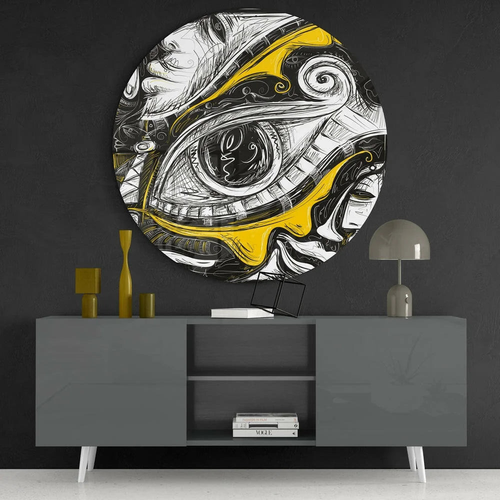 Surreal Eye Tempered Glass Art with Bold Yellow Swirls | Contemporary Home Wall Art | vintageantiquesgifts.com
