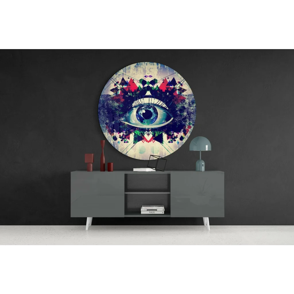 Mesmerizing eye tempered glass art with bold geometric patterns