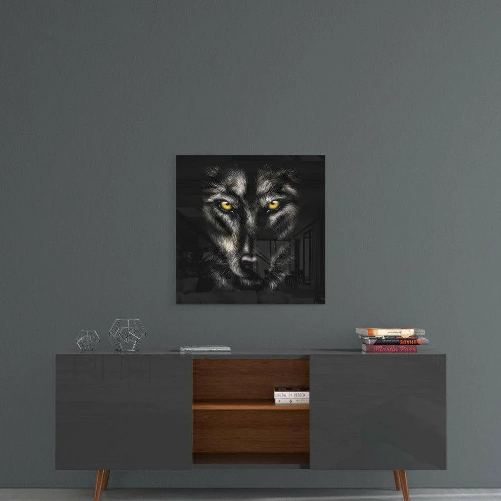 Fierce wolf on black canvas in glowing yellow eyes glass wall art