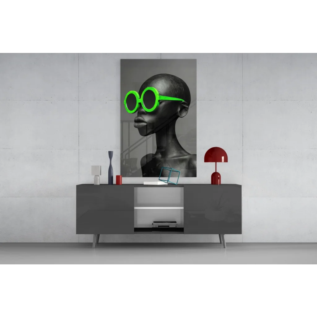 Striking black-and-white portrait on glass wall art with neon green sunglasses