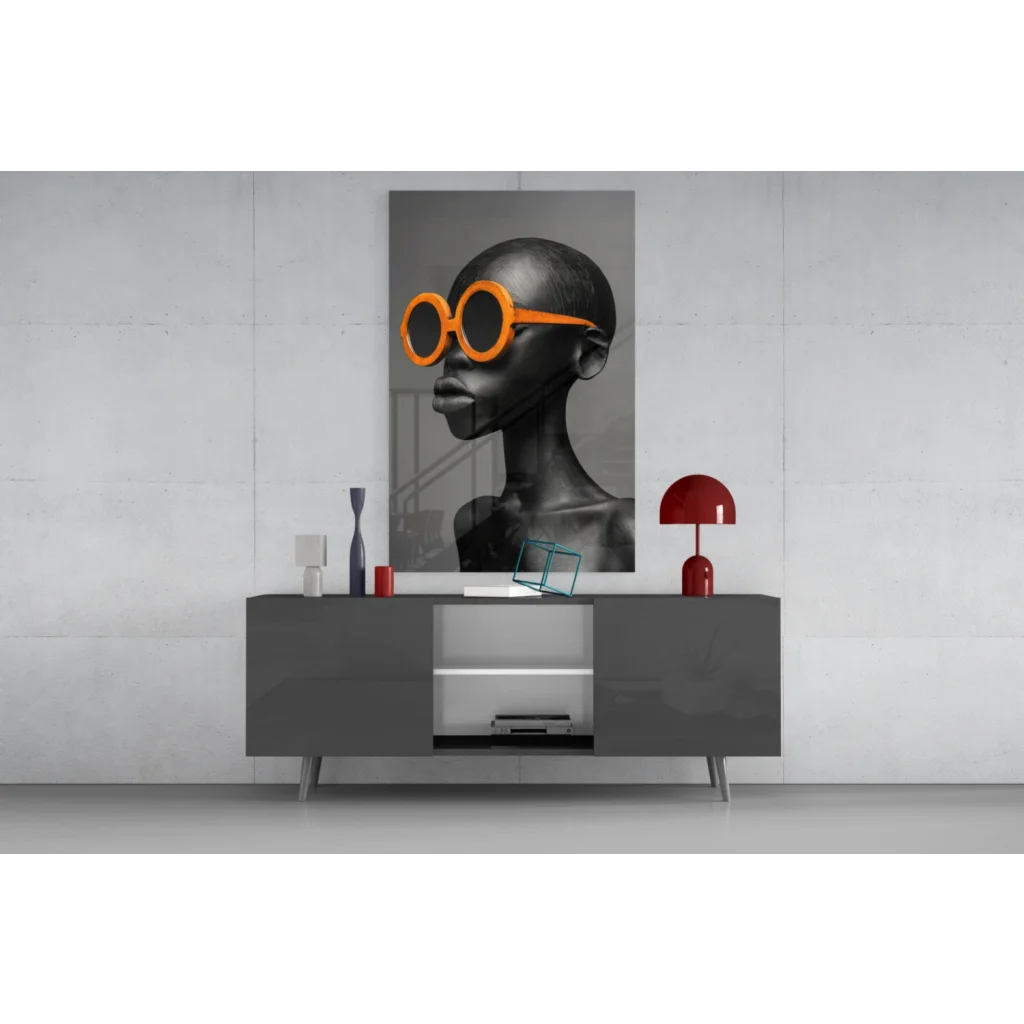 Bold orange sunglasses in black-and-white glass wall art portrait
