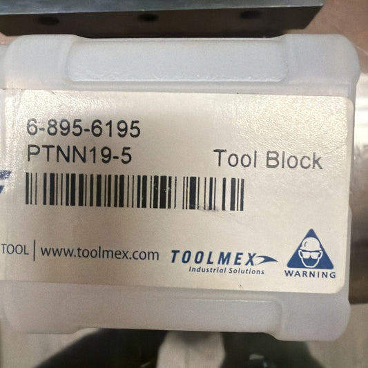 White foam packaging with printed label showing part number 6-895-6195, model PTNN19-5, barcode, and Toolmex Industrial Solutions branding.