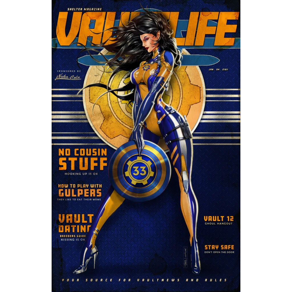 Fallout Captain Magazine cosplay cover: woman in blue gold armor with 33 shield