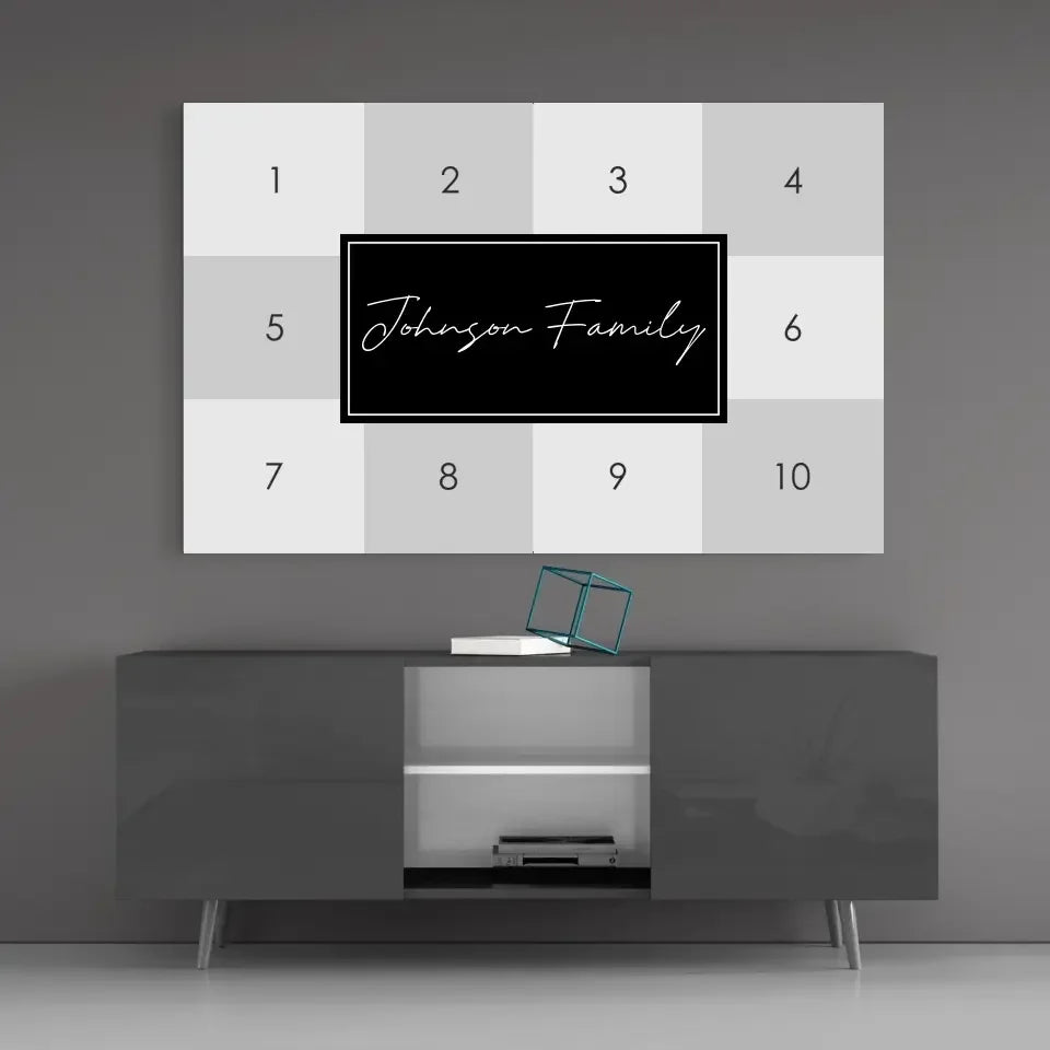 Johnson Family minimalist gray white grid collage glass wall art
