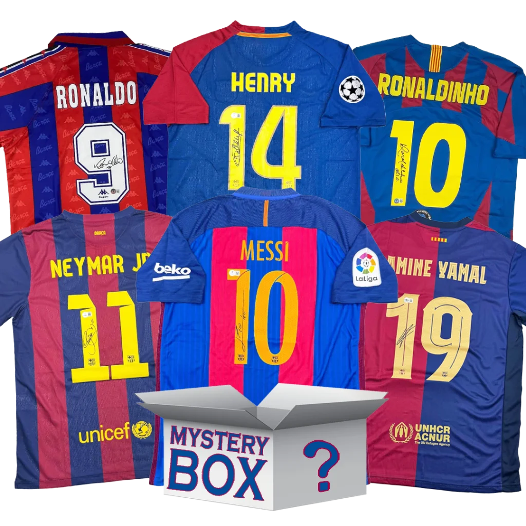 FC Barcelona Autographed Soccer Jersey Mystery Box with PSA JSA or Beckett COA | Hall of Fame Sports Memorabilia | vintageantiquesgifts.com