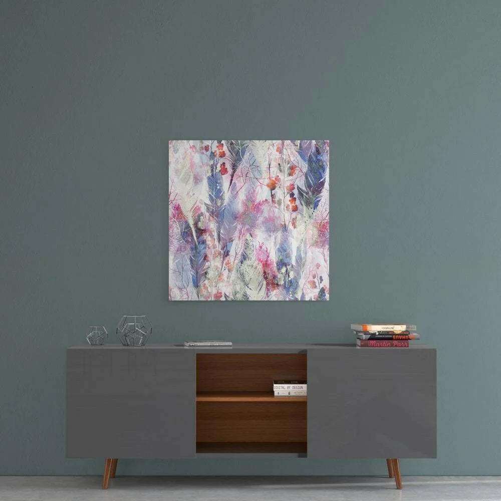 Dreamy feather watercolor glass wall art in pink and blue