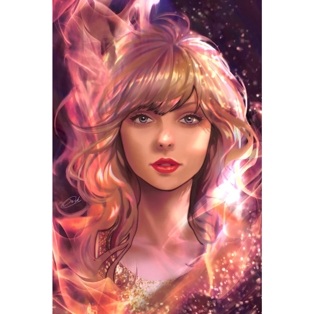 Digital painting of a woman with blonde hair and red lipstick from Force Taylor Swift comic book