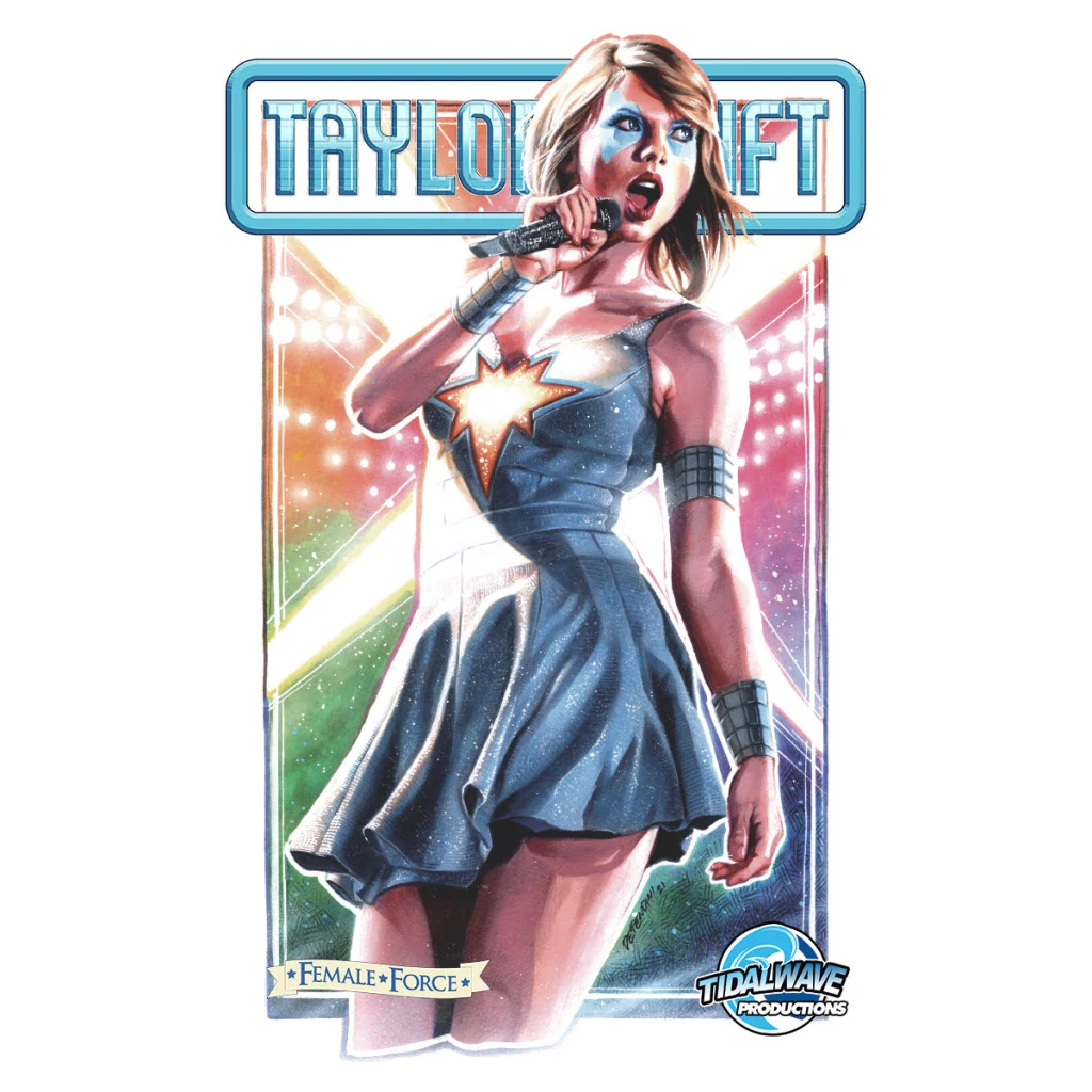 Female Force Taylor Swift comic book cover featuring Taylor Swift in a bold adventure scene