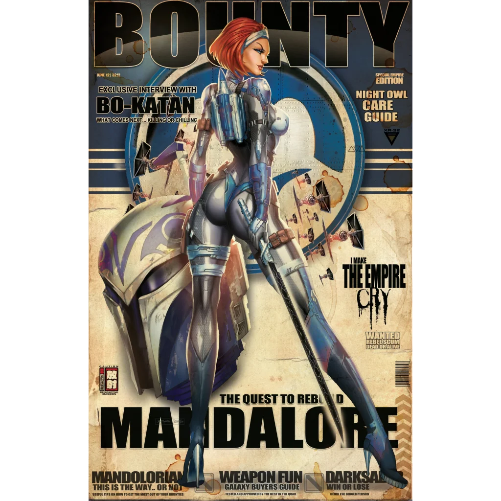 Female Mandalorian warrior in blue silver armor with lightsaber on brushed aluminum print