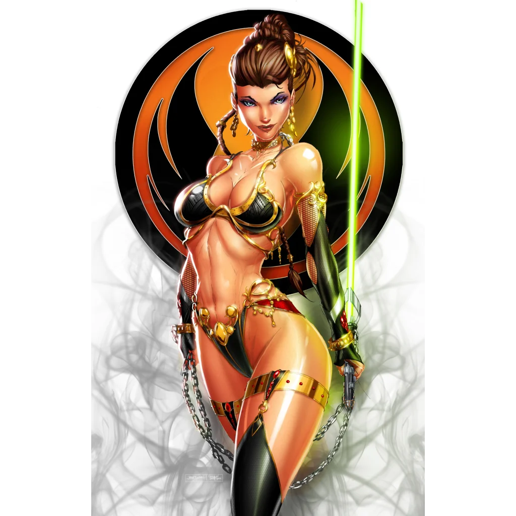 Stylized female warrior in black gold armor wields green lightsaber on brushed aluminum print