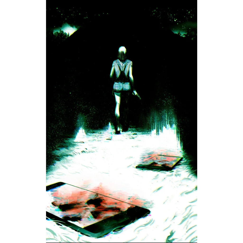 Woman with short hair in patterned top and shorts holding a gun in Fernando Blanco comic