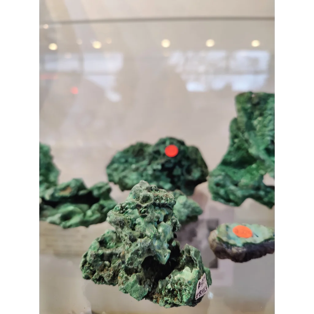 Fibrous velvet malachite specimens with green rough texture and red markers