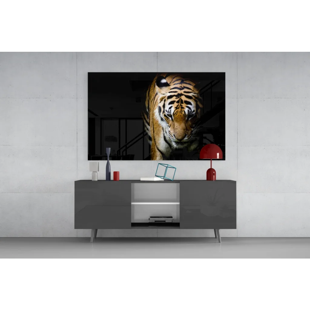 Fierce black-and-orange tiger tempered glass art on gray console