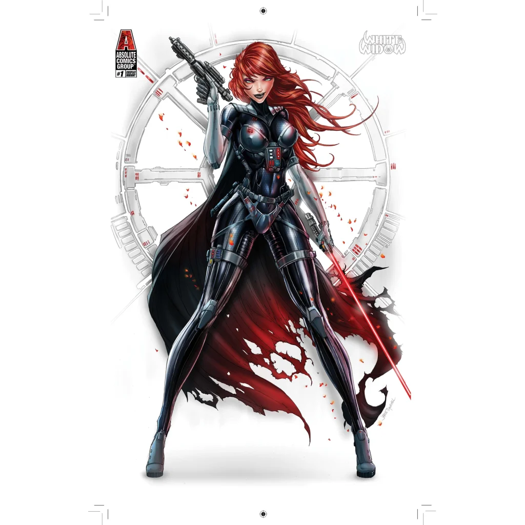 Red-haired fierce warrior woman in black silver armor with gun sword cape