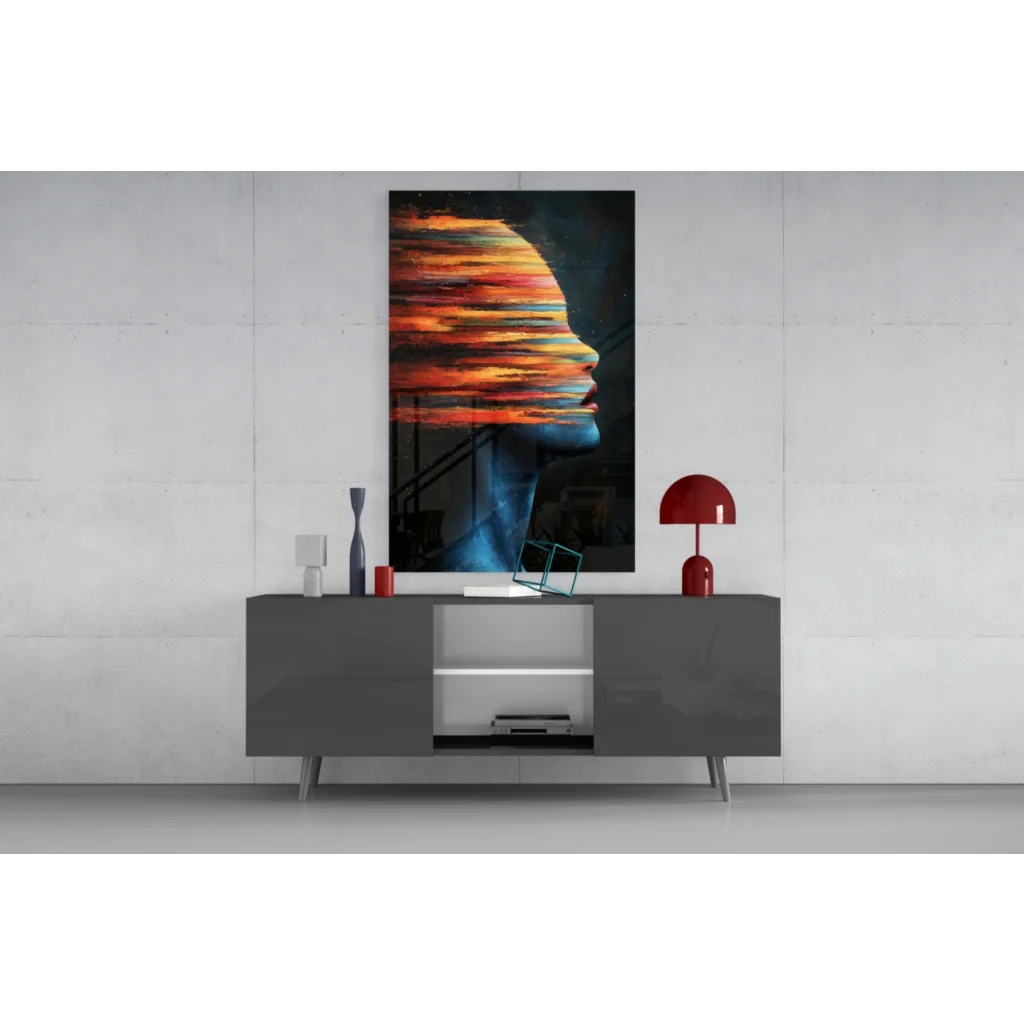 Fiery abstract profile wall art canvas in bold orange and blue