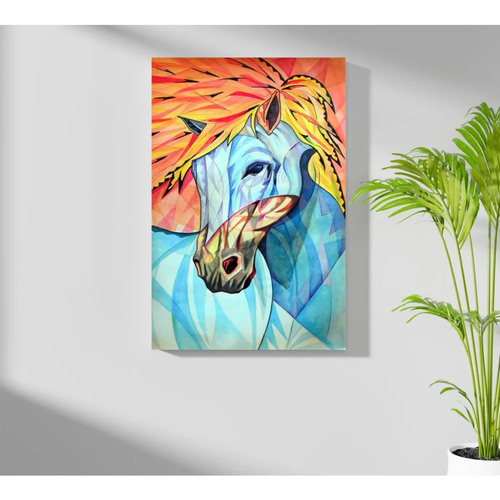 Vibrant geometric blue horse with fiery orange yellow mane canvas art