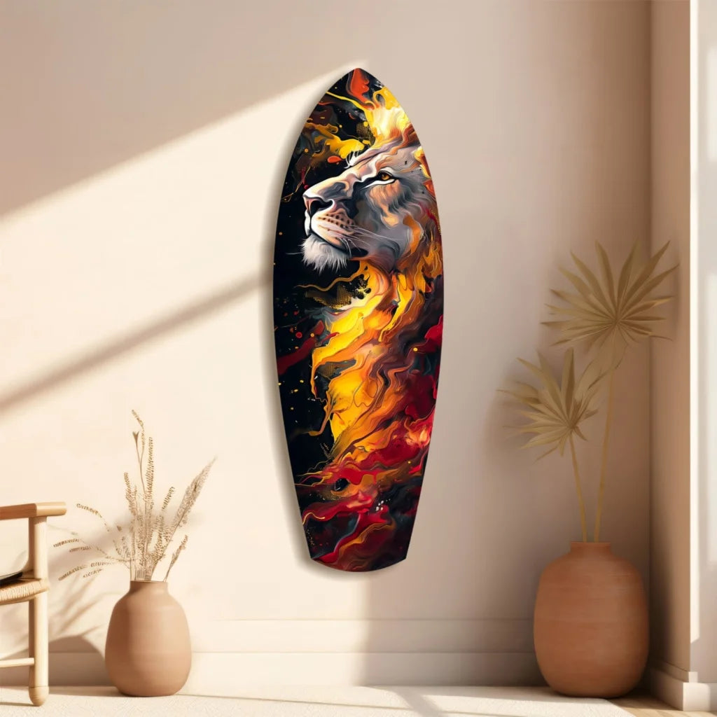 Fiery Lion tempered glass art surfboard wall piece
