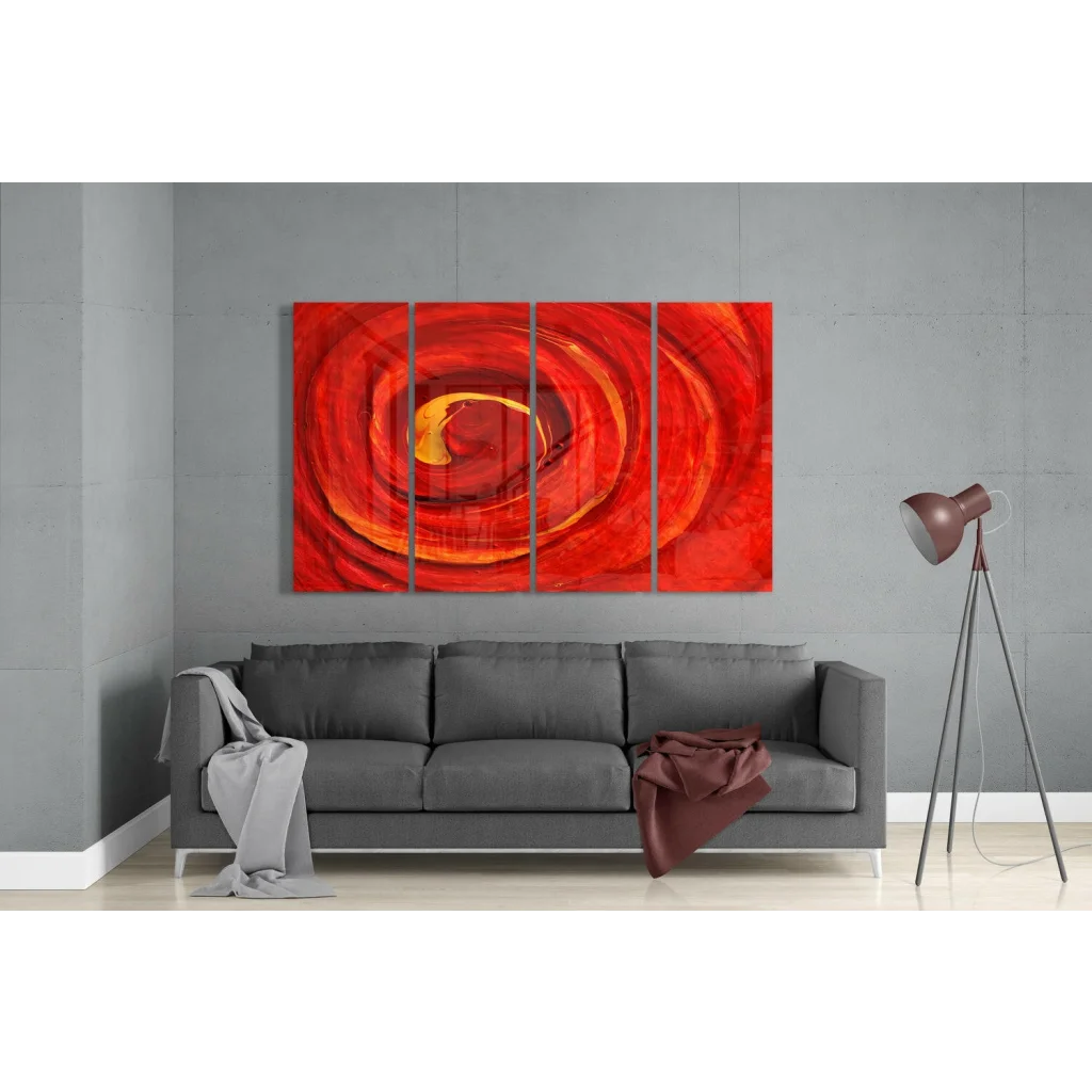Fiery red orange swirl canvas wall art in modern living room