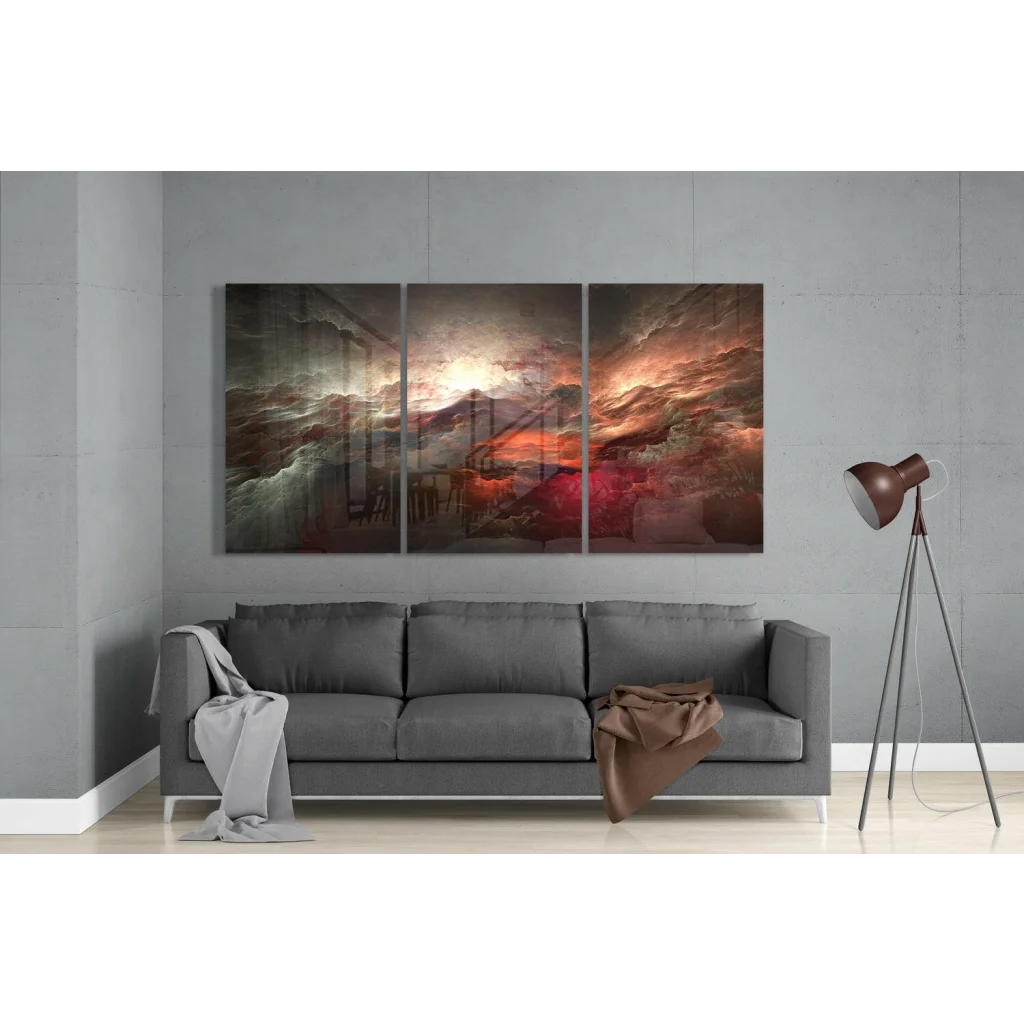 Fiery Storm triptych canvas wall art in vibrant reds and oranges