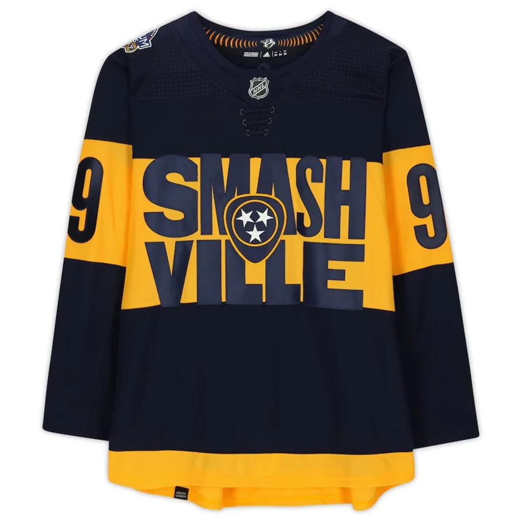 Filip Forsberg autographed Nashville Predators navy blue and gold adidas jersey with Smashville 9 design