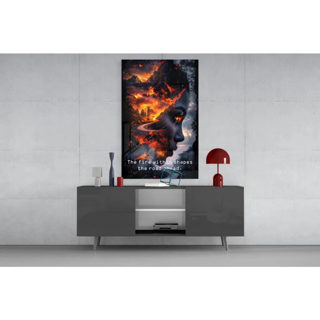Fiery mountain glass wall art with silhouette and quote