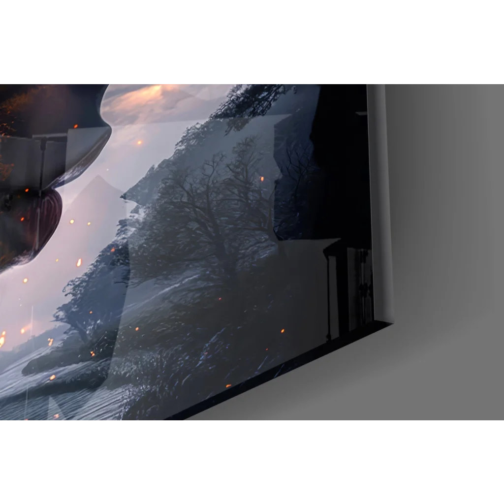 Sleek curved TV shows fiery surreal mountain embers in glass wall art
