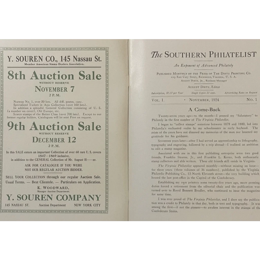 Open book showcasing auction sale ads and Southern Philatelist for antique gifts
