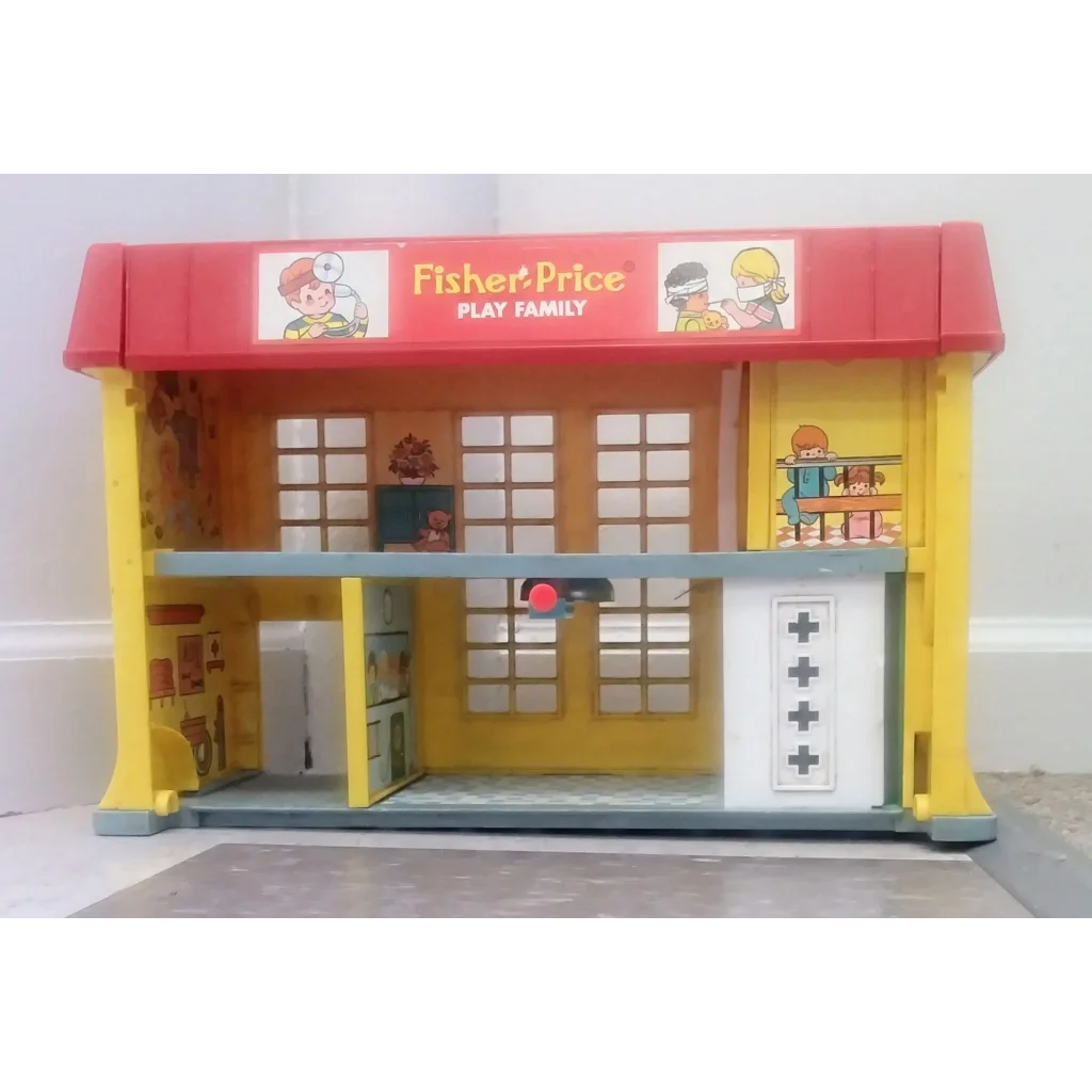 Vintage 1976 Fisher Price Play Hospital toy with red yellow house facade