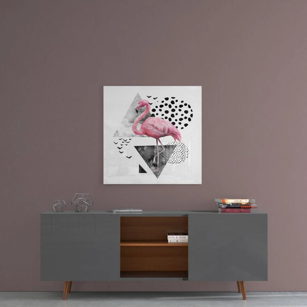 Vibrant pink flamingo on tempered glass art with geometric patterns