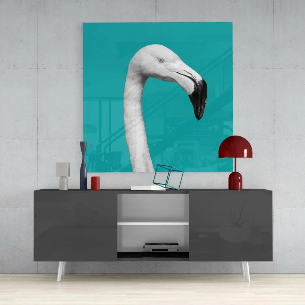 Stunning teal flamingo glass wall art print on turquoise canvas