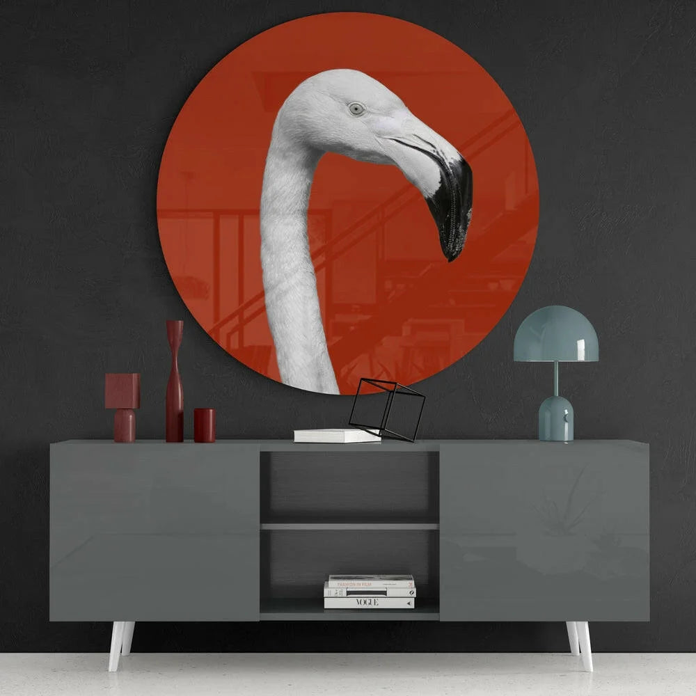 Striking tempered glass art of white flamingo on bold red circle background