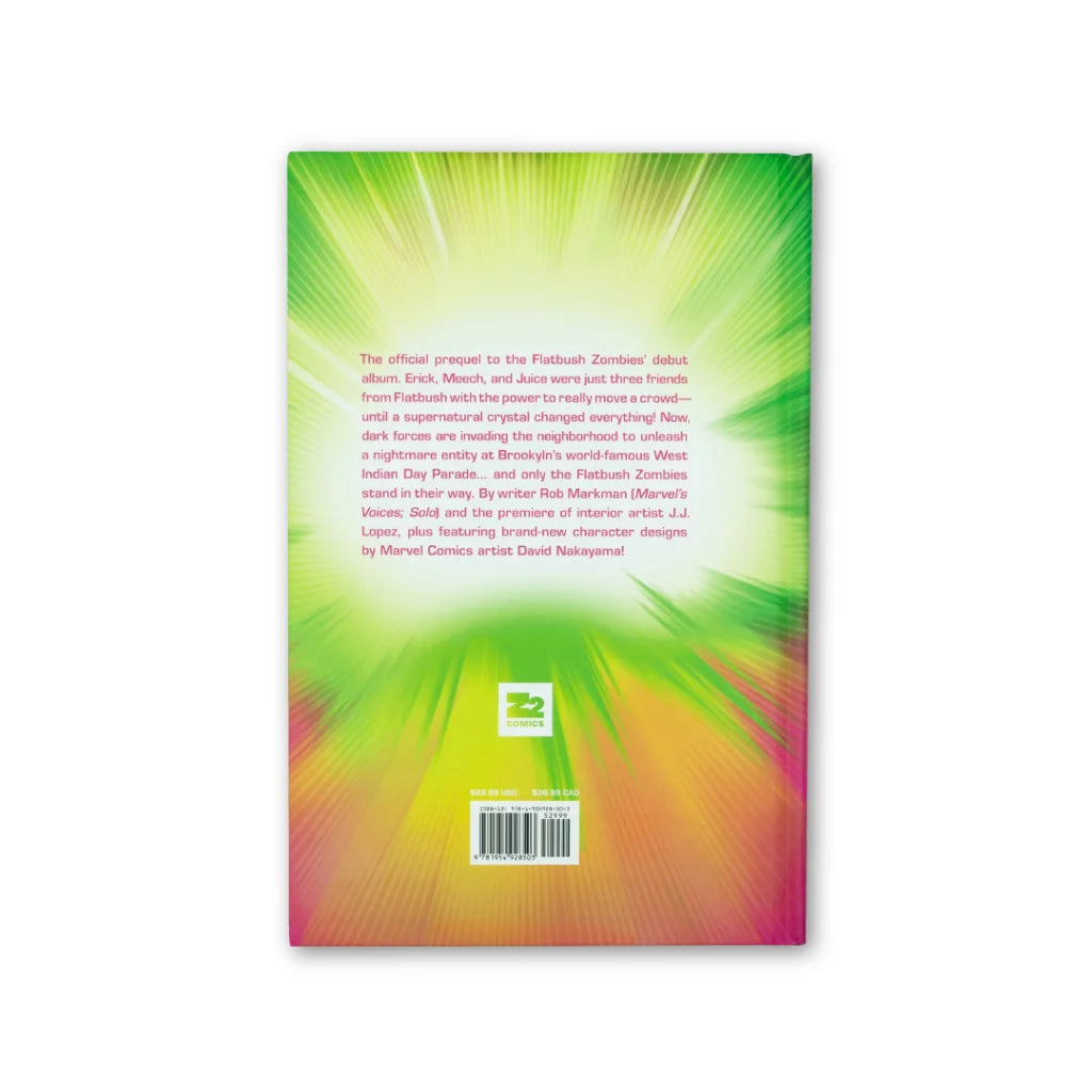 Back cover of Flatbush Zombies 3001 Space Odyssey hardcover comic featuring Rob Markman and David Nakayama