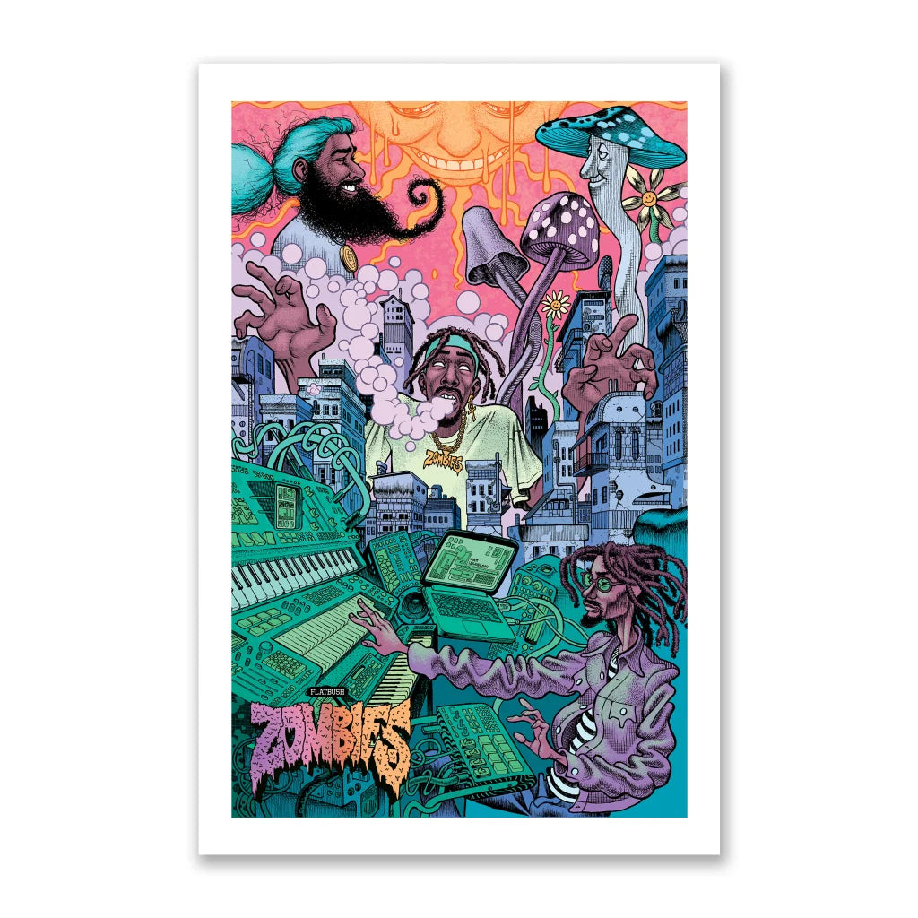 Colorful psychedelic Flatbush Zombies poster with cityscapes and fantasy art by Rob Markman and David Nakayama