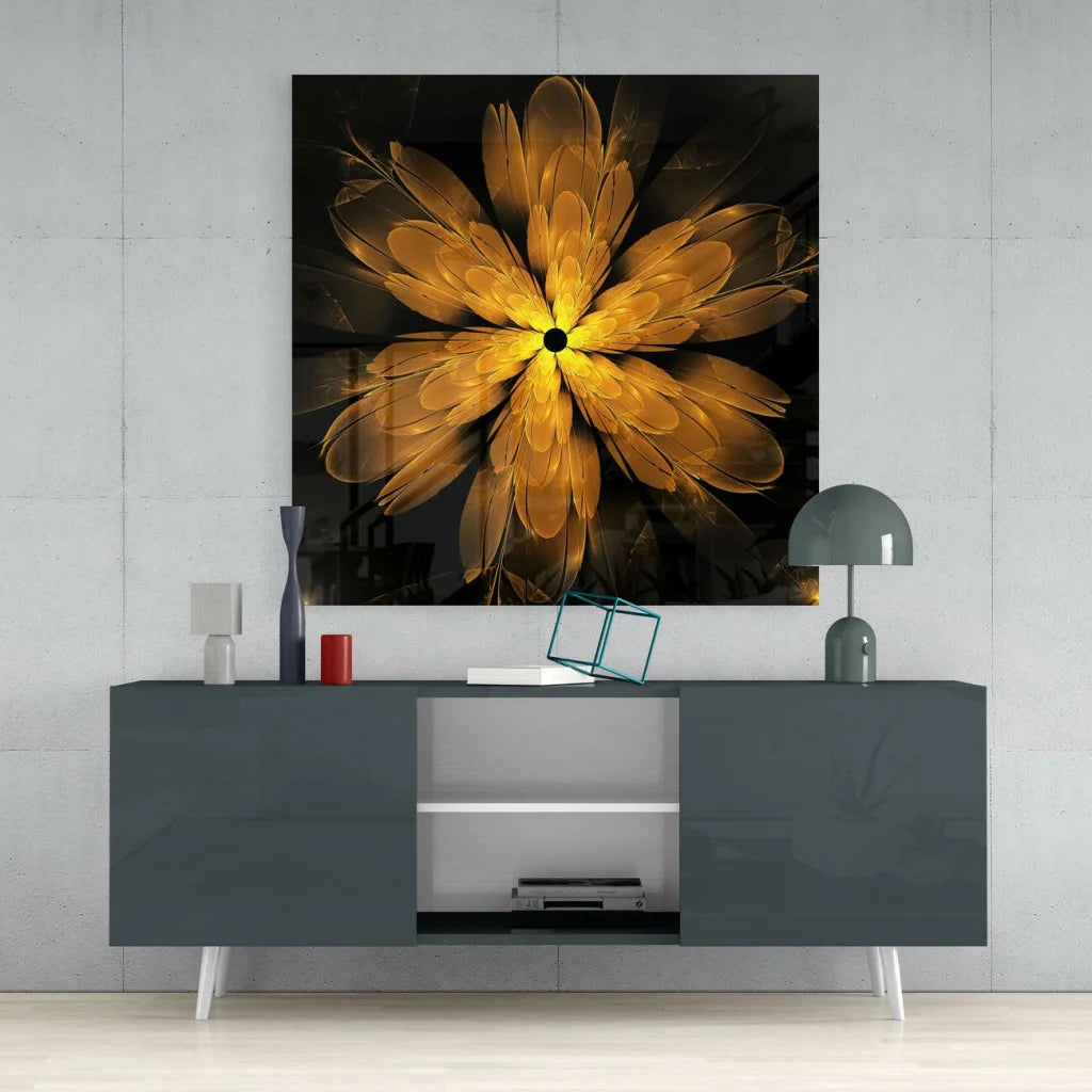 Radiant Golden Fractal Flower Glass Wall Art | Contemporary Home Wall Art | vintageantiquesgifts.com
