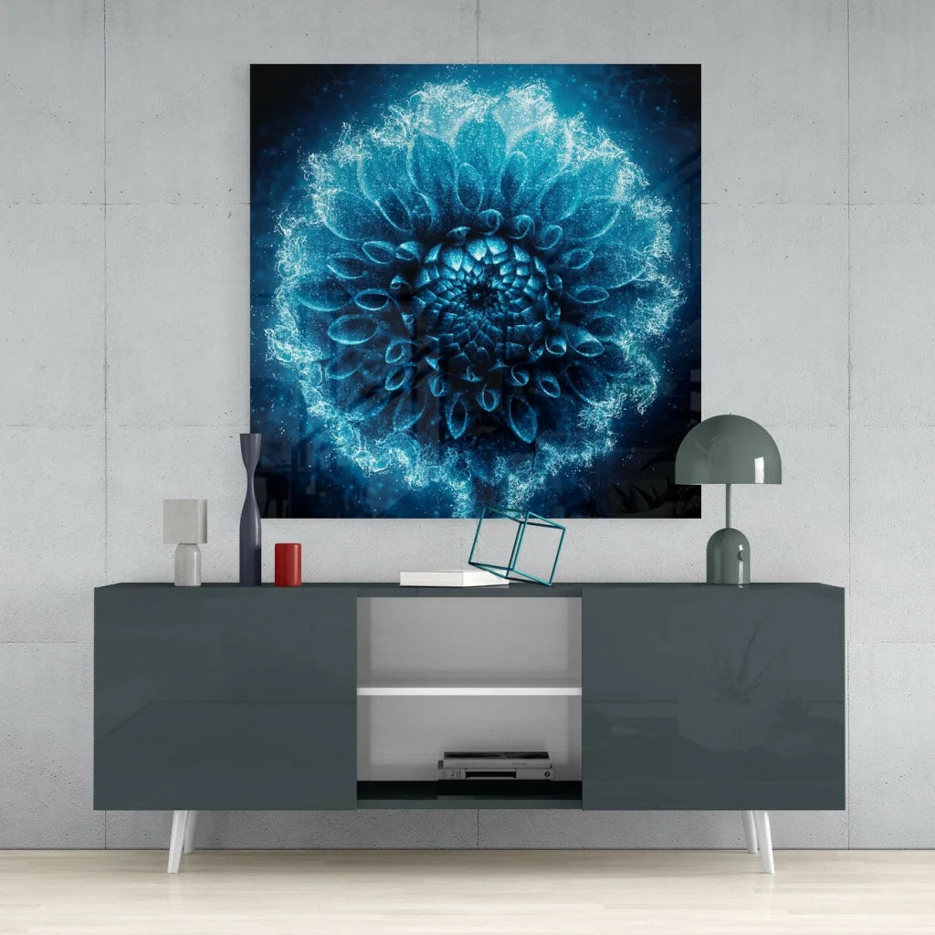 Glowing blue fractal glass wall art with radiant particles and floral details