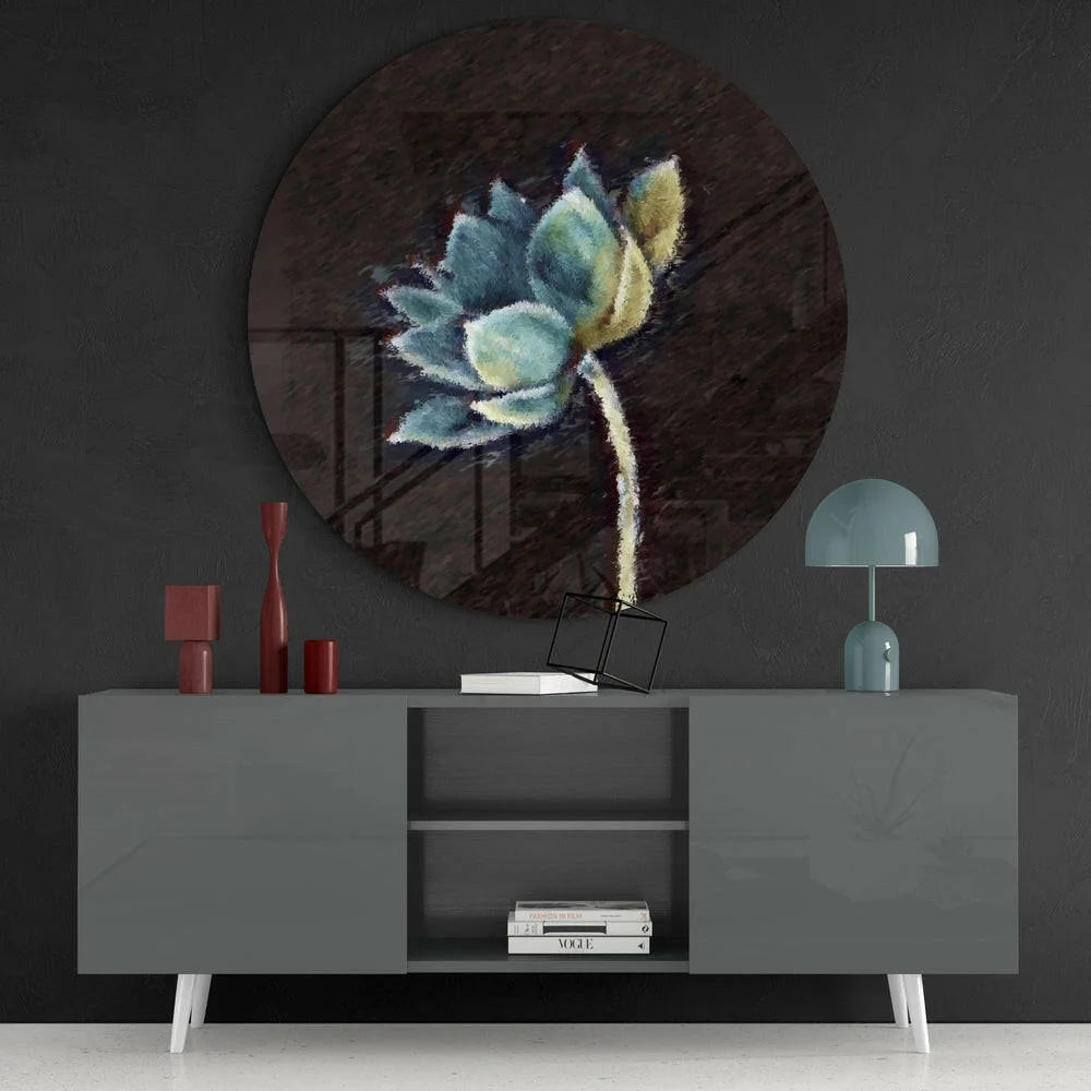Stunning blue succulent tempered glass art with lotus flower on dark textured background