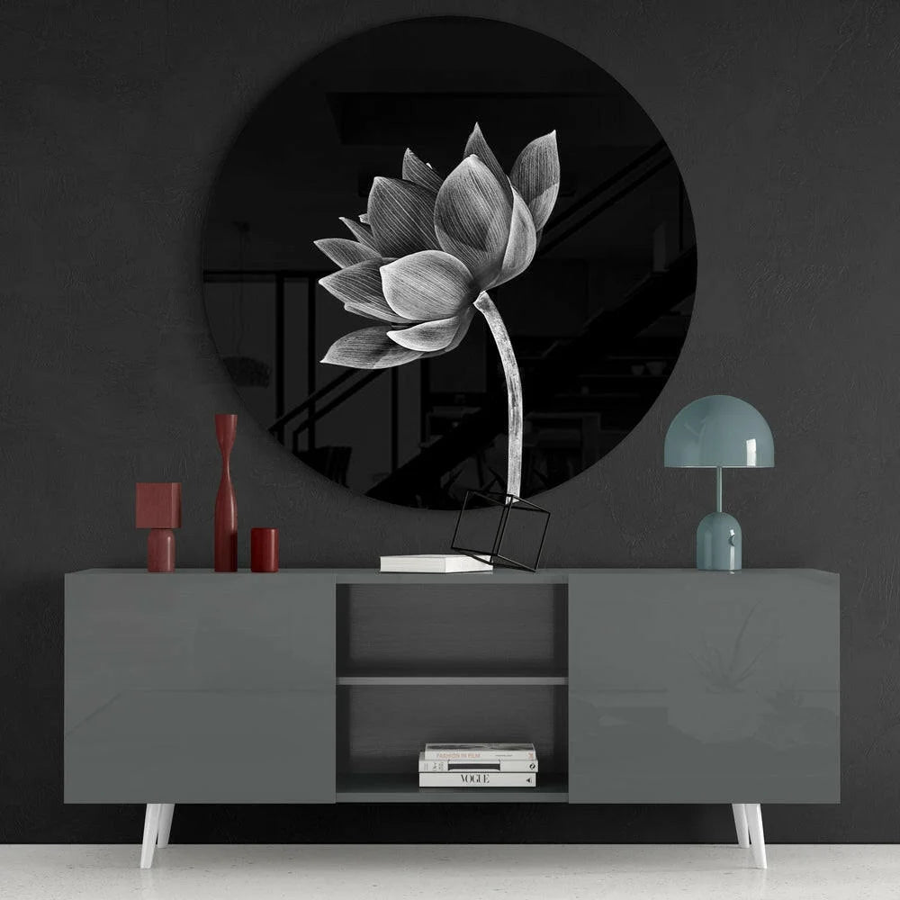 Circular black tempered glass art with grayscale lotus flower