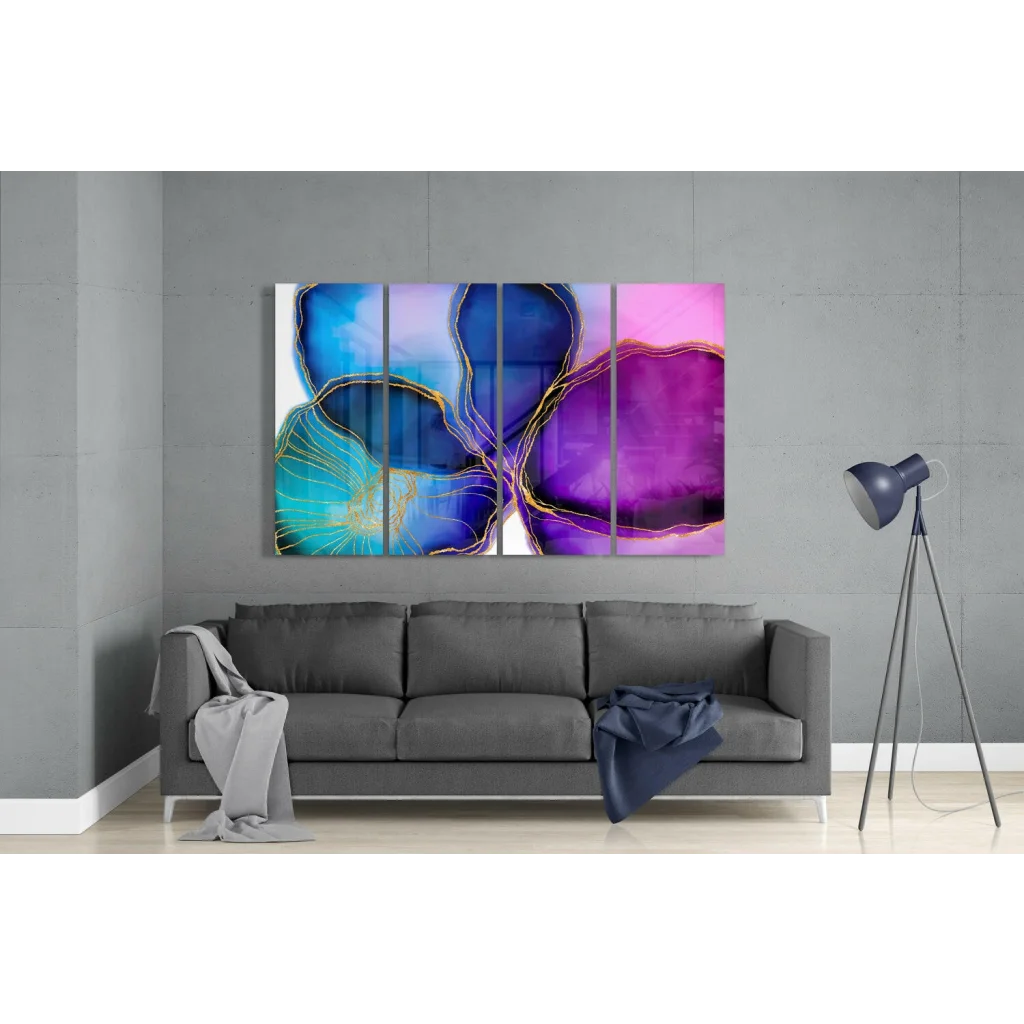 Vibrant glass wall art with swirling blues, purples, pinks, and gold accents