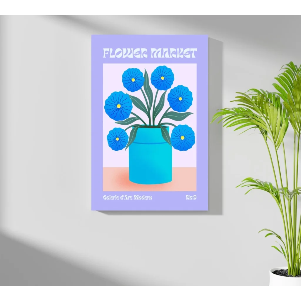Vibrant blue blooms in turquoise vase on Flower Market Aluminum Print