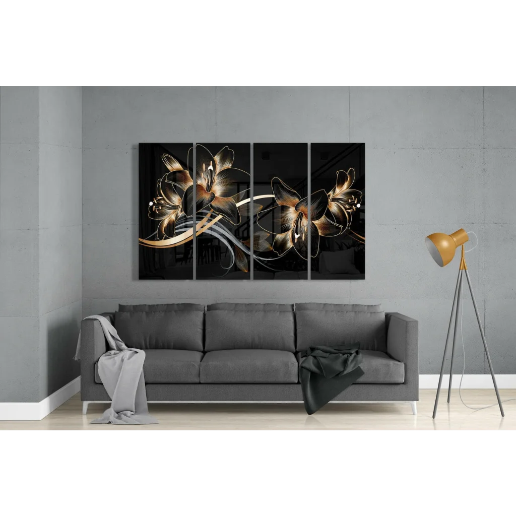 Stunning Black Gold Lily Glass Wall Art Canvas Set | Modern Wall Art Decor | vintageantiquesgifts.com