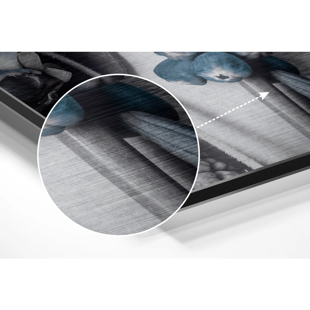 Serene blue-toned stones and foliage on brushed aluminium dibond print