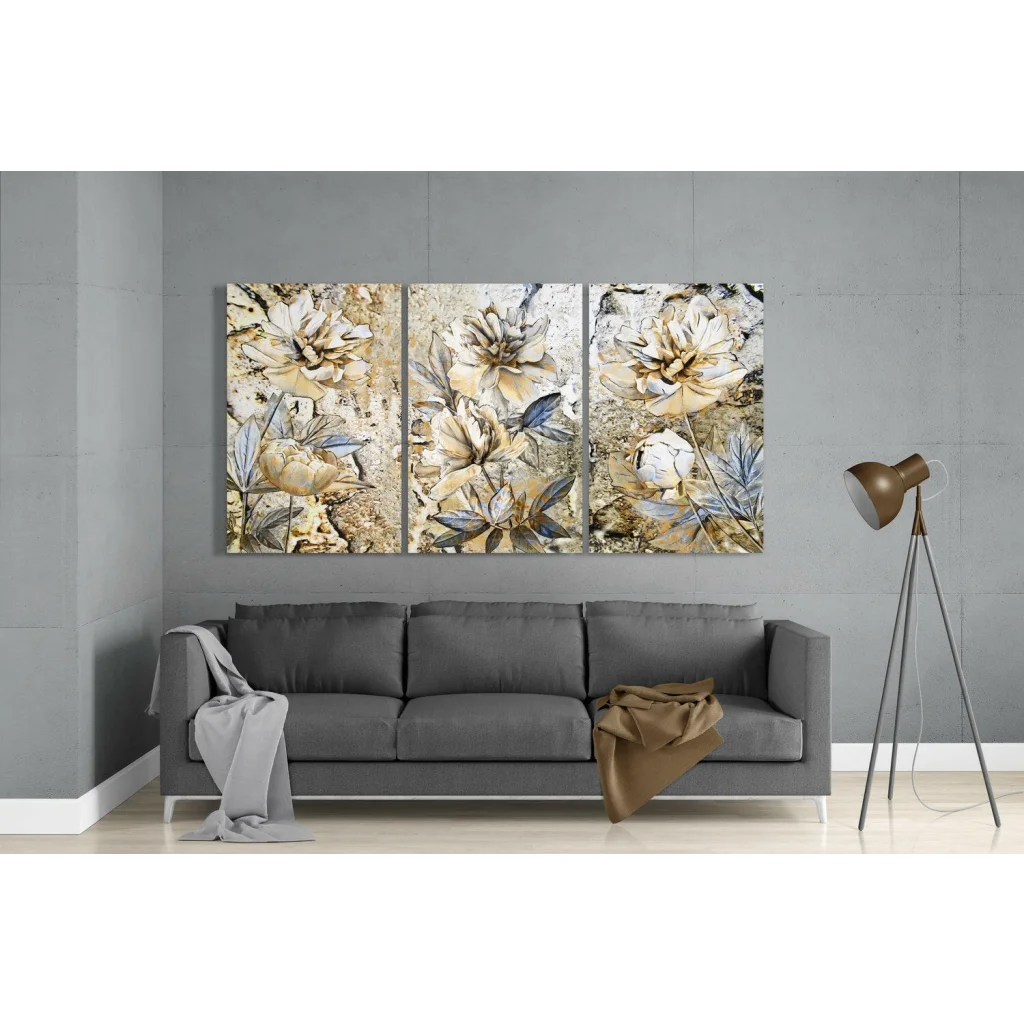 Beige and gold peony wall art triptych with textured details